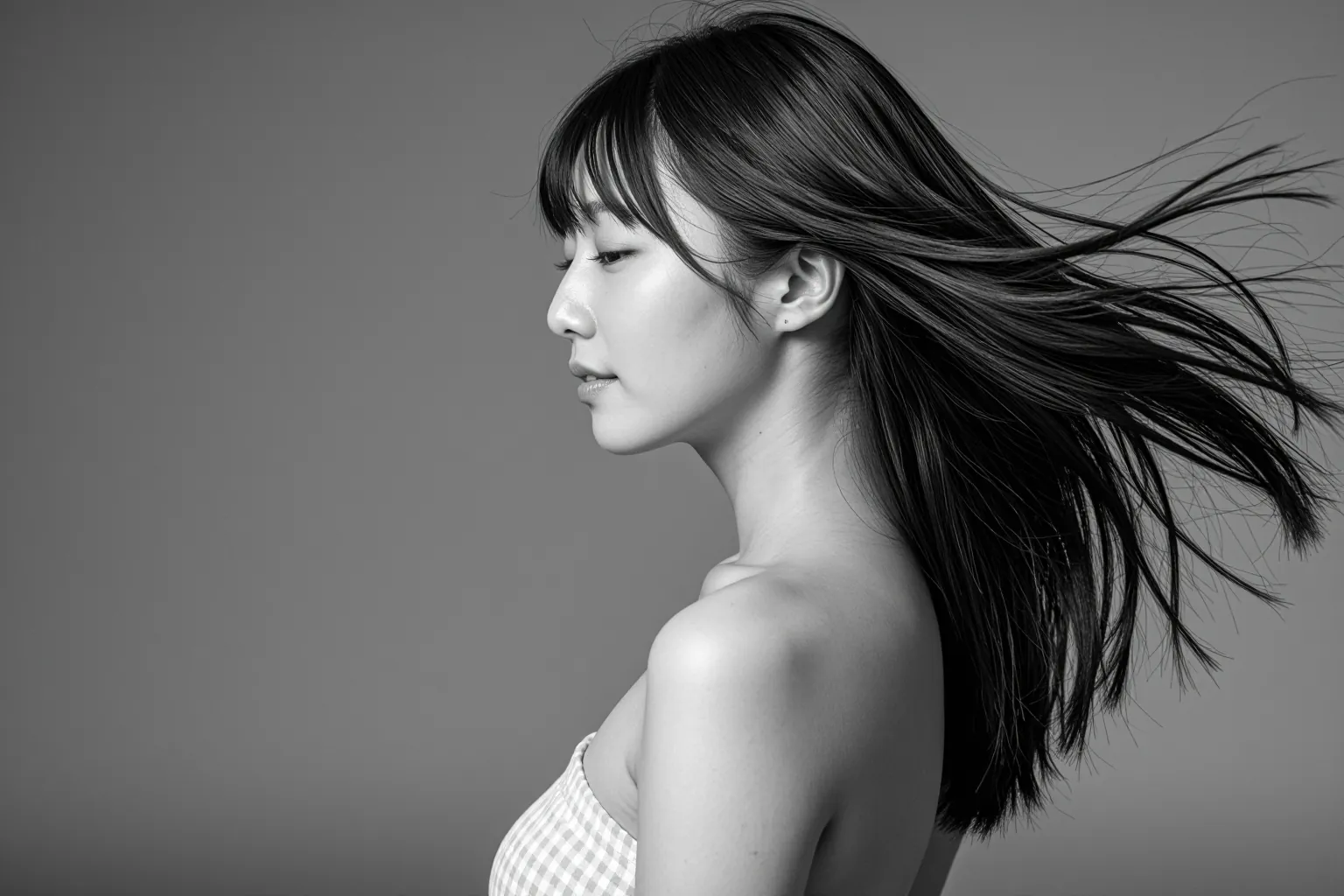 長い黒髪がなびく女性のモノクロ写真