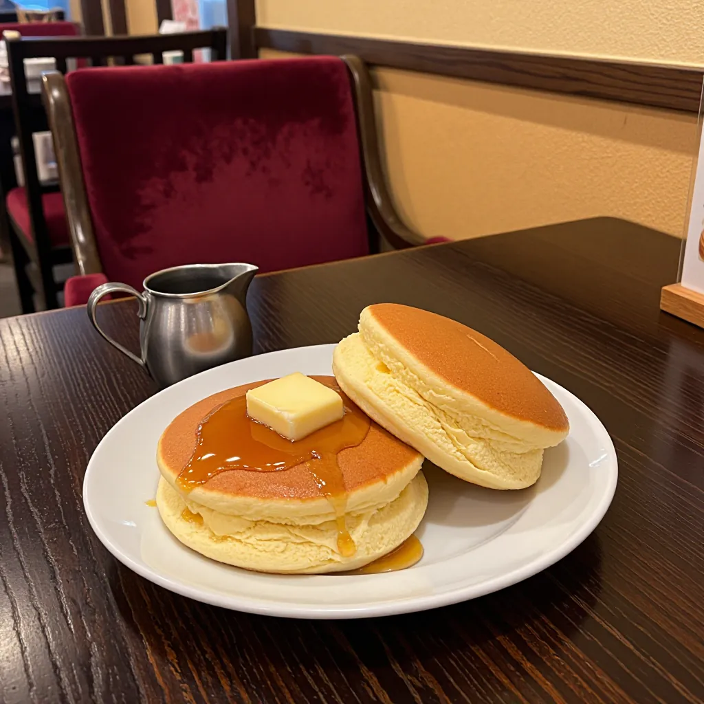 バターがのった二枚重ねのホットケーキ