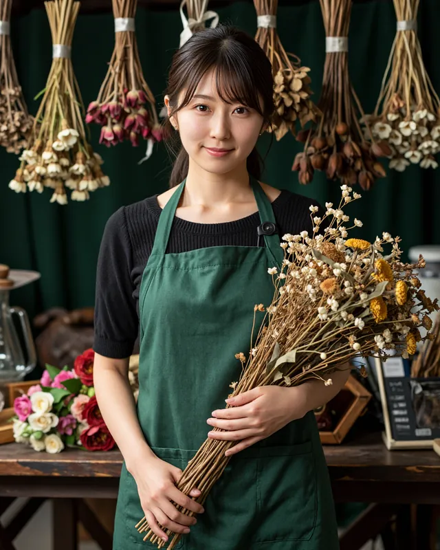 ドライフラワーの束を抱えた、深緑のエプロンの店主