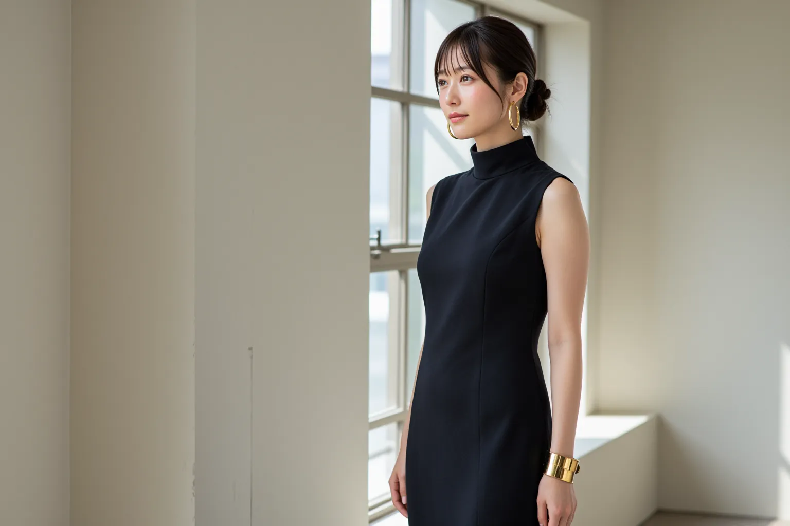 ゴールドのフープピアスとカフをつけた女性