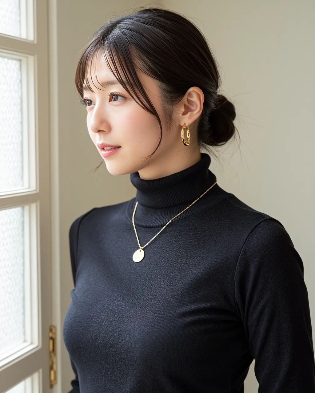 黒いハイネックにゴールドのフープピアスとネックレス