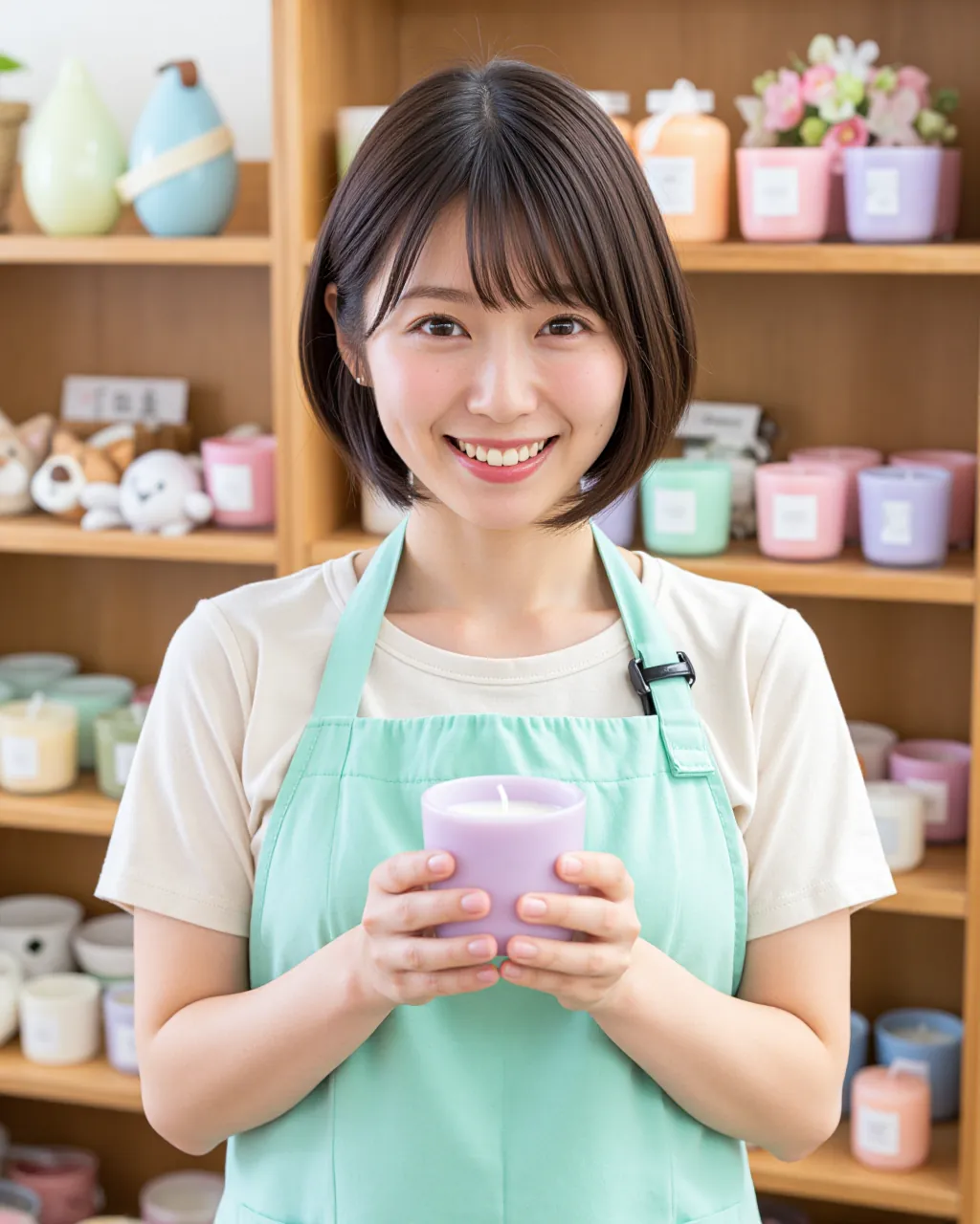 キャンドルを手にほほえむ作り手 小春の写真
