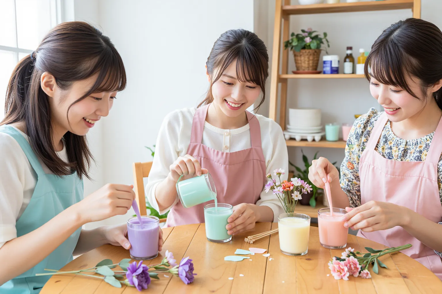 テーブルを囲んでキャンドルを作る女性たち