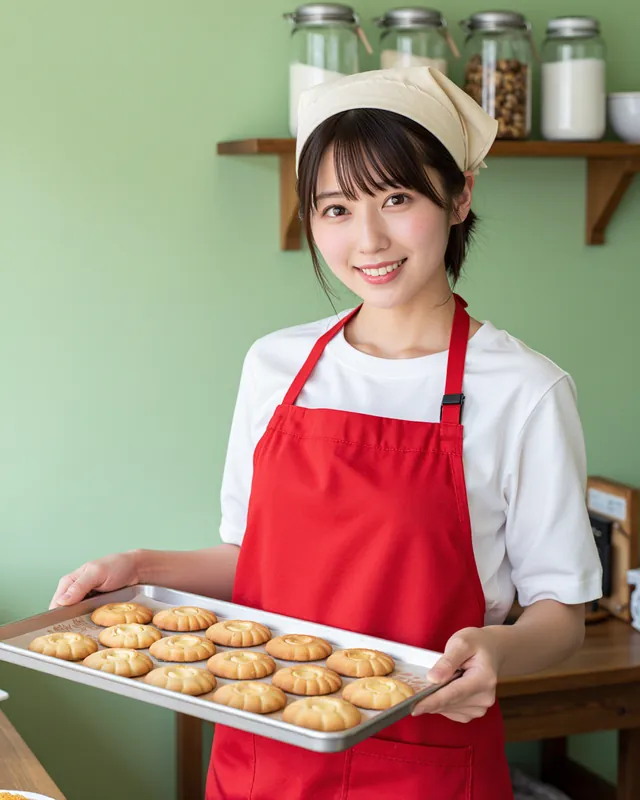 焼きたてのクッキーを天板ごと持つ、赤いエプロンの店主