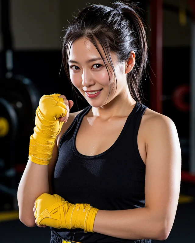 バンテージを巻いてほほえむ女性トレーナー