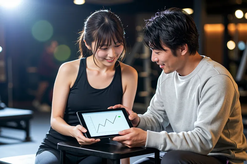 タブレットを見ながら相談するトレーナーと会員
