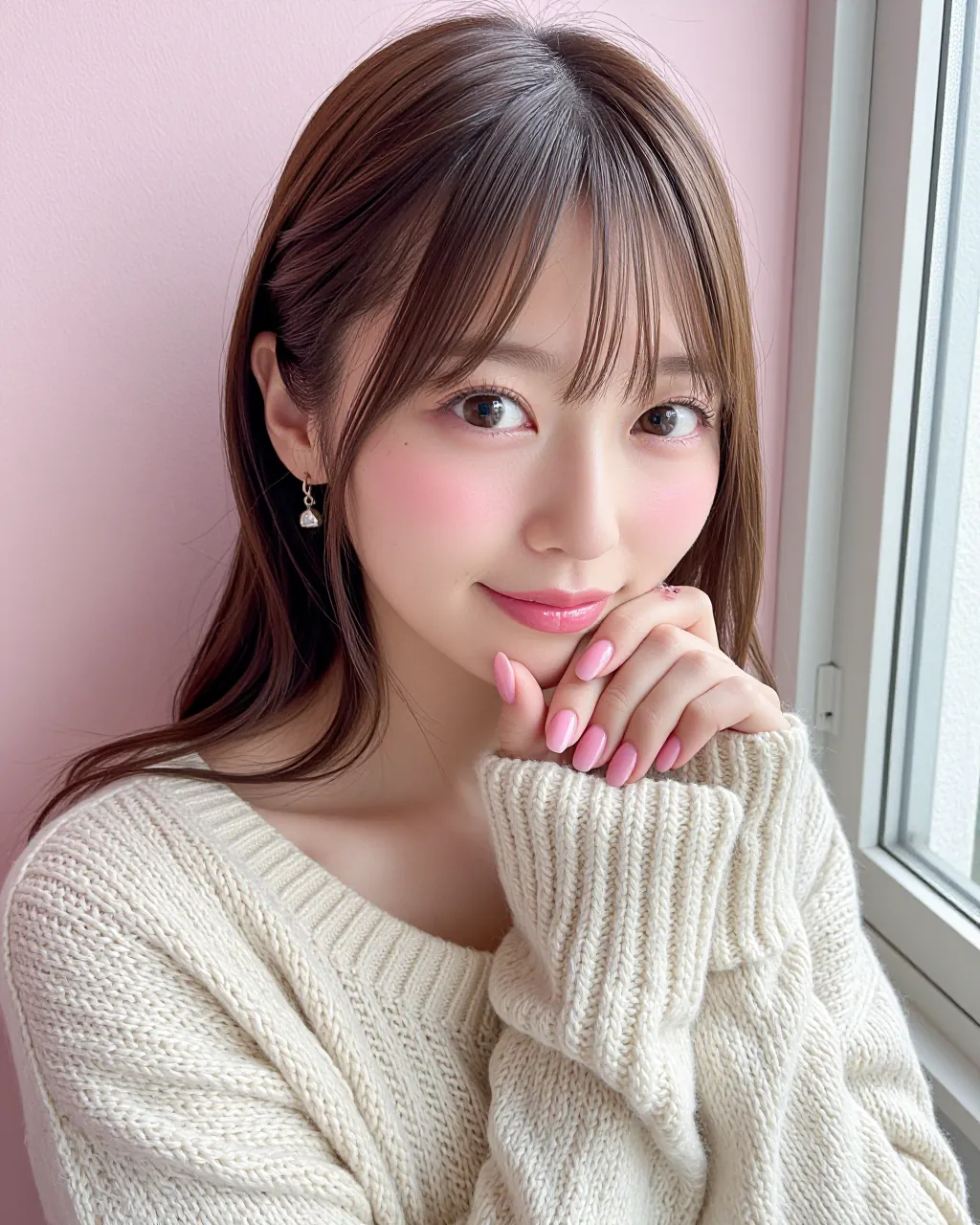 ピンクのネイルの手を頬に添える女性