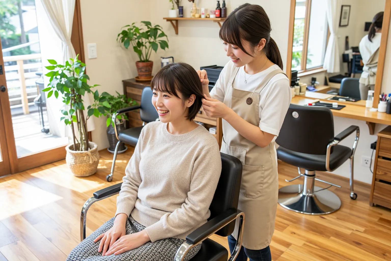 笑顔で会話しながら髪を整える美容師とお客さま