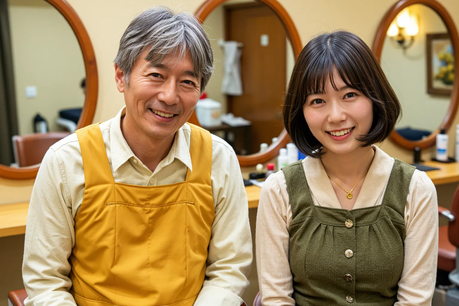 並んでほほえむ店主と娘