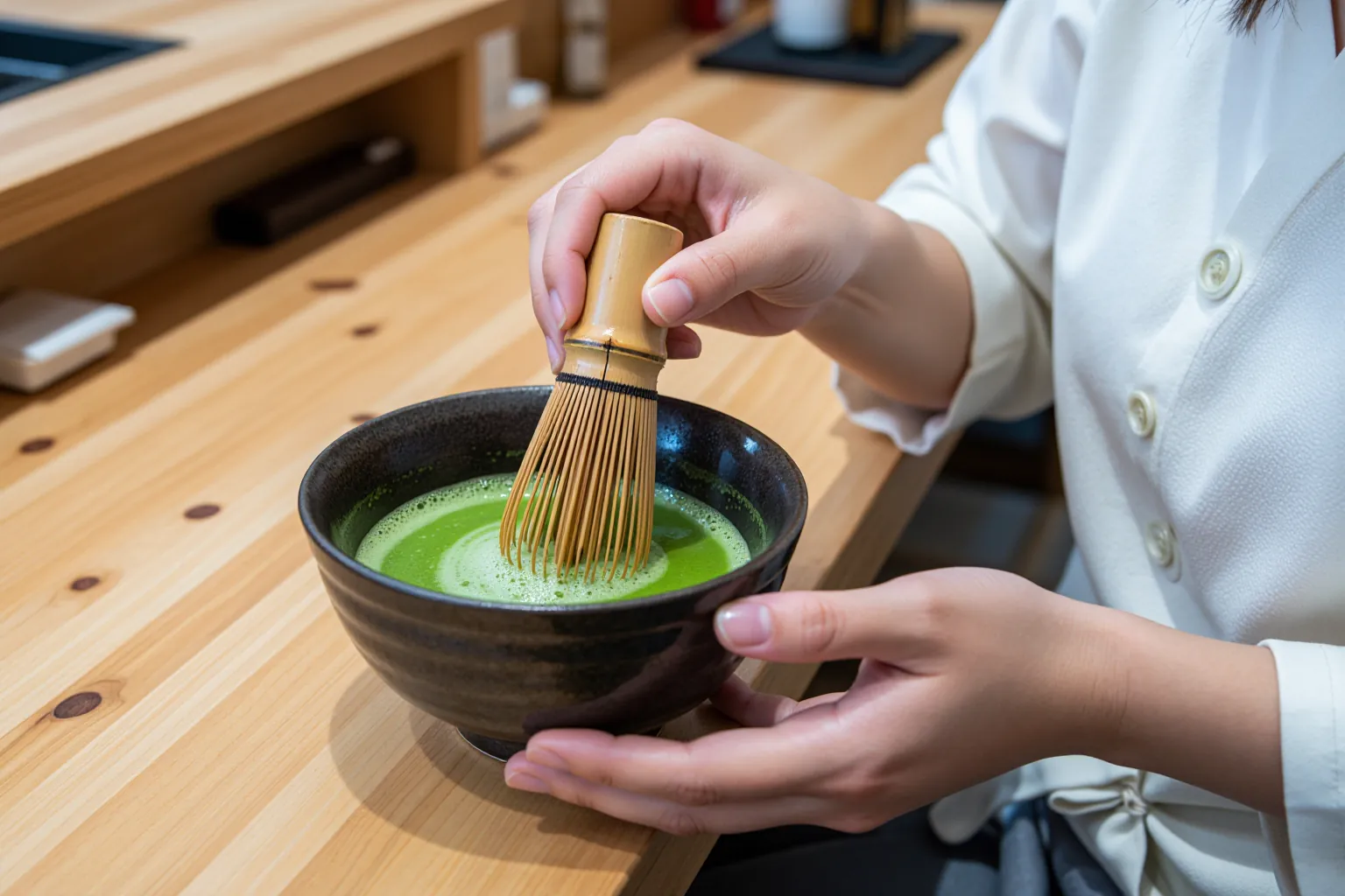 茶筅で抹茶を点てる手元