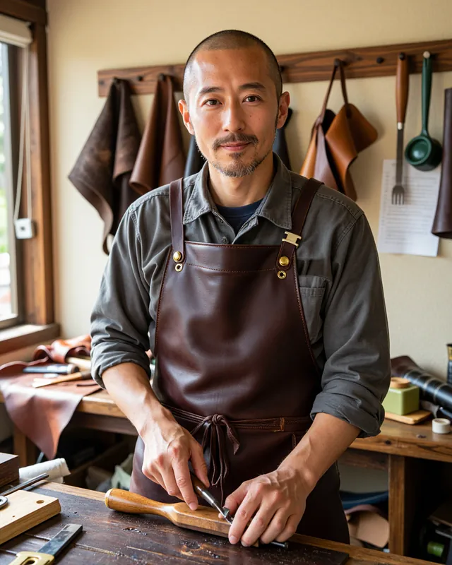 作業台の前に立つ、革のエプロンの職人