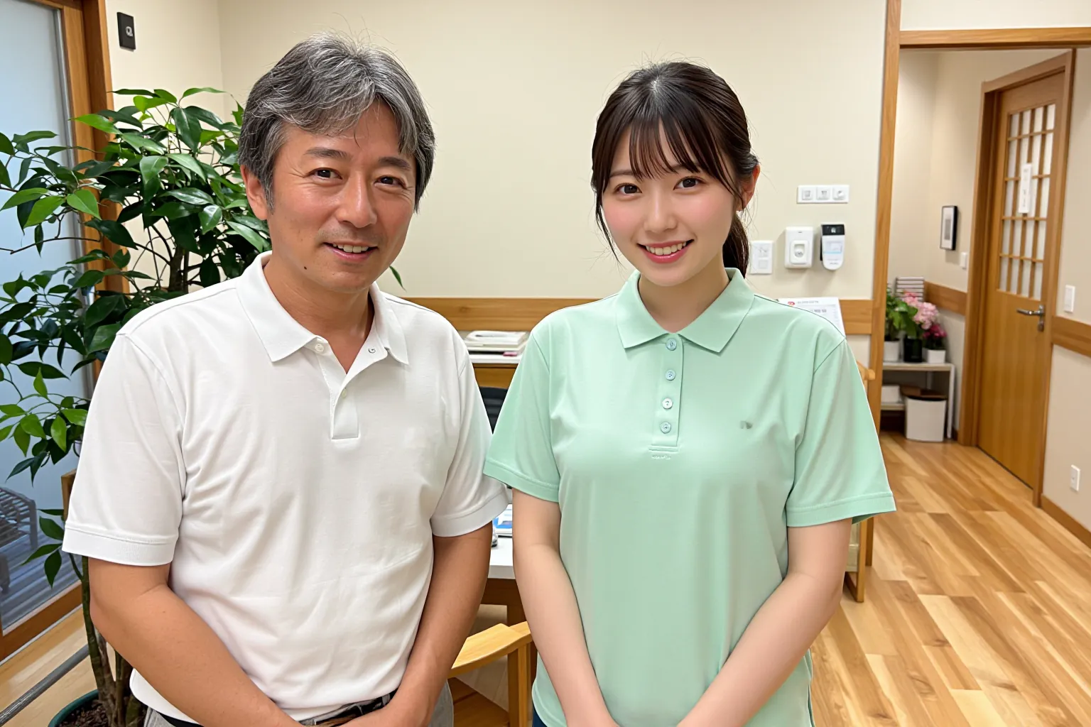 院長と受付スタッフが並んで笑う写真