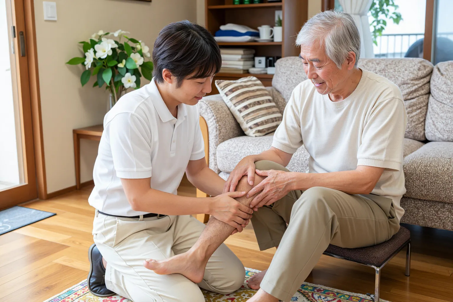 ご自宅のソファで足のストレッチを受けるおじいさん