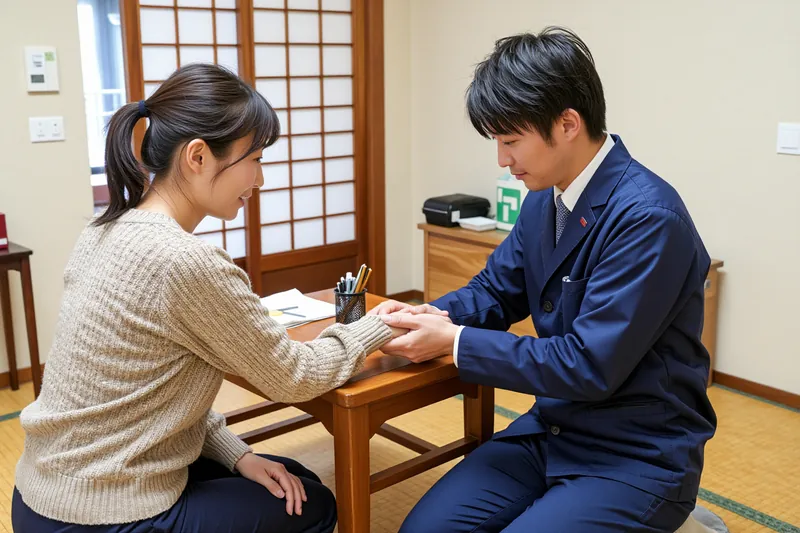 施術着の鍼灸師が、患者さんの手首の脈を診ているところ