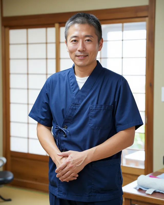 藍色の施術着を着た院長