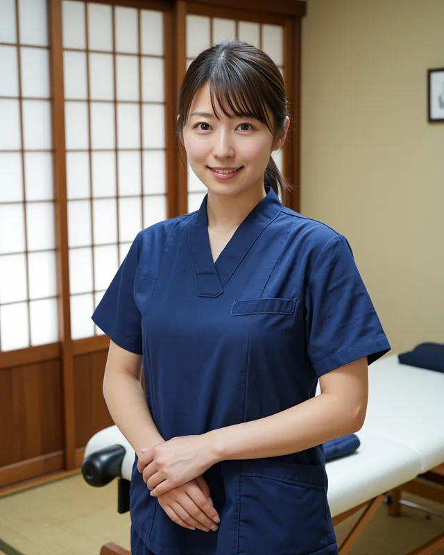 藍色の施術着を着た女性鍼灸師