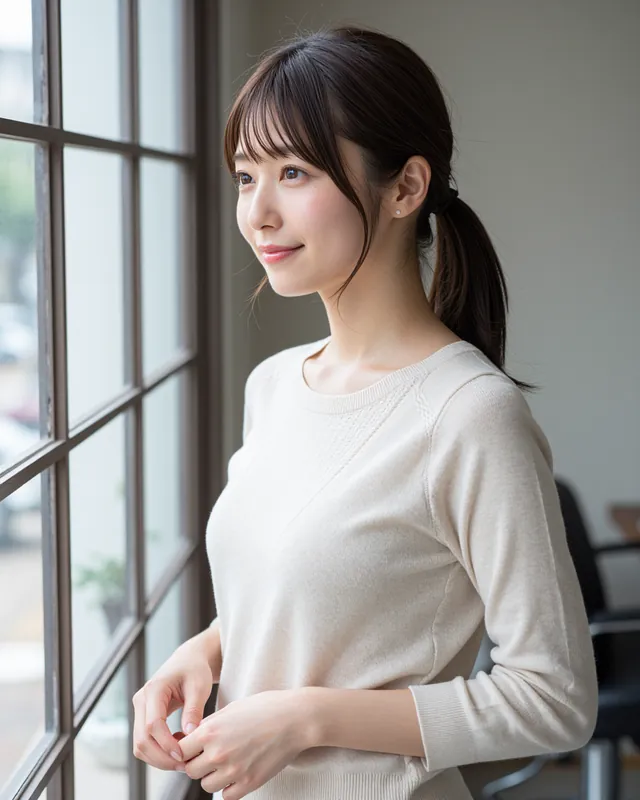 窓辺で背すじを伸ばして立つ女性