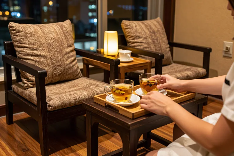 施術のあとに温かいお茶を出す、窓ぎわのラウンジ