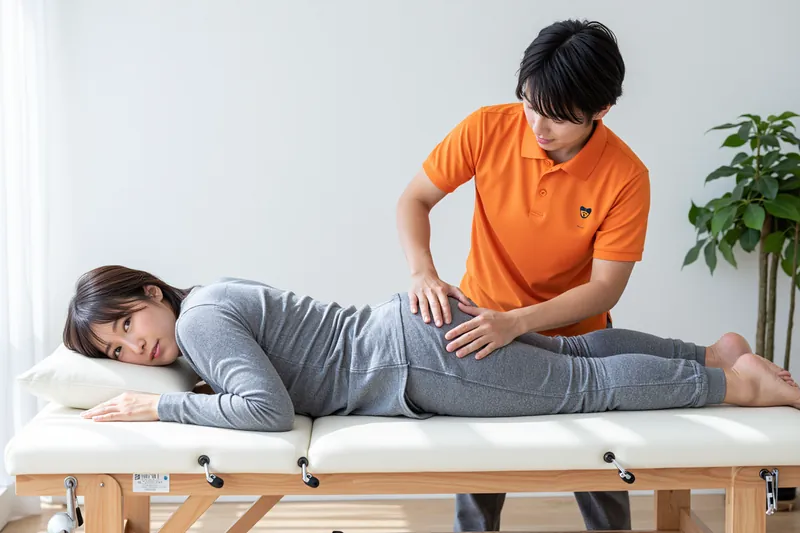 横向きに寝たお客さまの腰をほぐしているところ